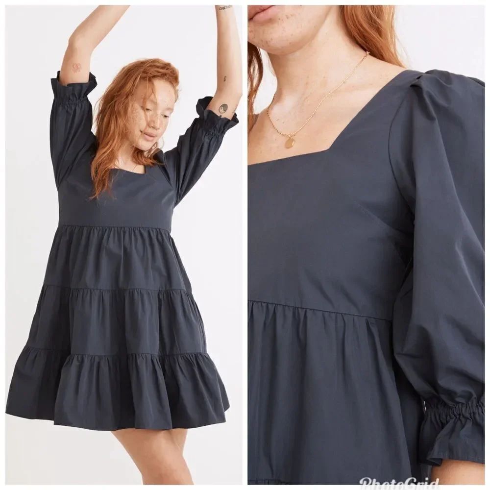 Madewell Navy Tiered Poplin Lizzie Babydoll Dress